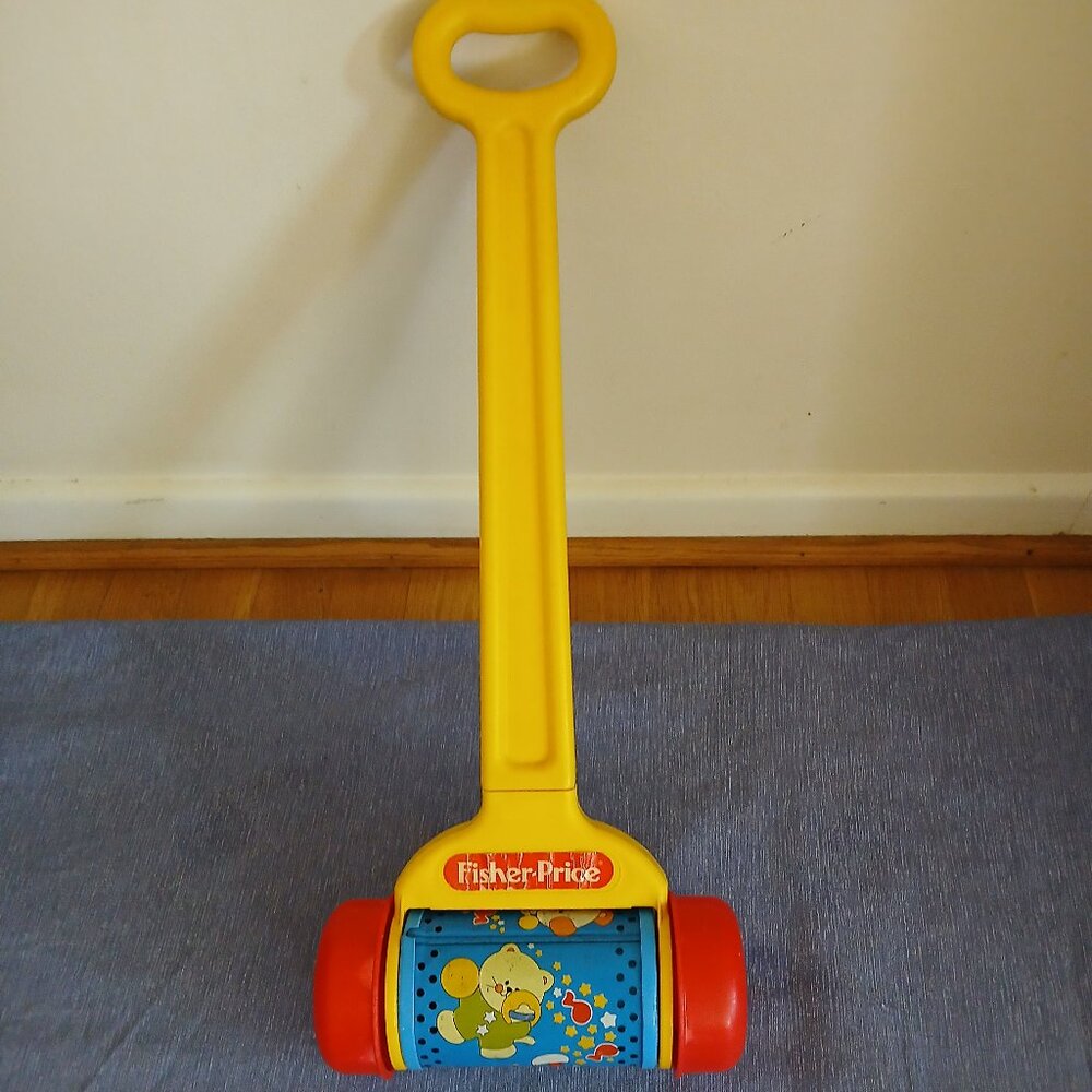 Vintage 1992 Fisher Price Musical Melody Chime Push Roller Yellow Handle 22" Toy